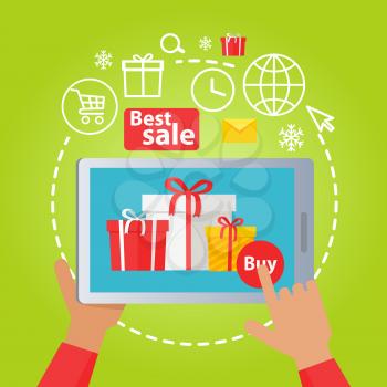 Hands holding tablet with xmas best sale. Process of buying presents via the Internet. E-commerce business, New Year seasonal sale in cartoon style. Vector web banner illustration in flat design.