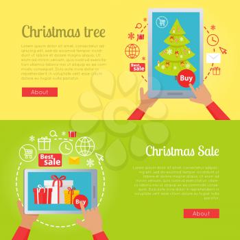 Poster of colourful pictures with Christmas tree and xmas sale. Banner of vector illustrations with hands holding gadgets and buying different gifts, presents and decorated evergreen tree via Internet