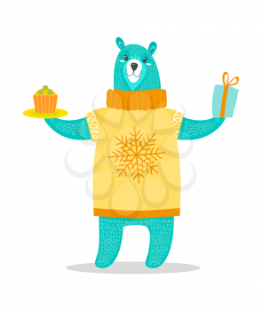 Big bear in sweater with snowflake holds present with bow and delicious cupcake on plate isolated cartoon vector illustration on white background.