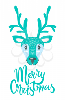 Merry Christmas greeting card with furry north pole deer with long branchy horns. Christmas animal head of unusual color isolated cartoon vector