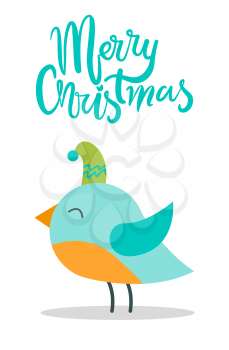 Merry Christmas greeting card with tiny bird with blue plumage in warm hat isolated vector illustration on white background, animal in headgear.