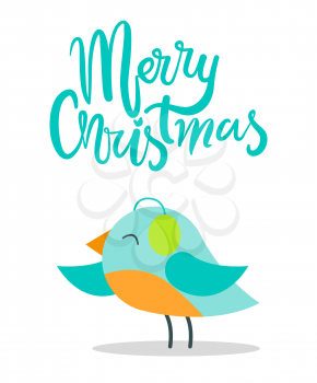 Merry Christmas greeting card with tiny bird with blue plumage in warm earpieces stands on thin legs isolated vector illustration on white background