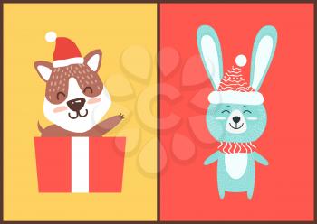 Teddy bear in Santa Claus hat waving hand from gift box and smiling rabbit in warm headwear and scarf vector illustration posters with cartoon animals