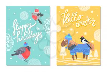 Hello winter and happy holidays postcards with bullfinch in hat and donkey with bird on back. Vector illustration with cute animals on winter landscape