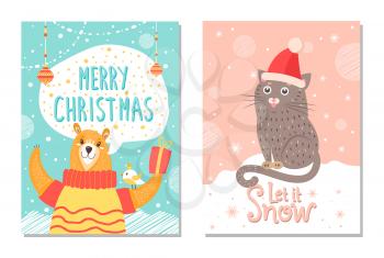 Let it snow Merry Christmas posters with hand drawn cat in Santa Claus hat sitting on snow and bear with present box vector illustration cute animals.