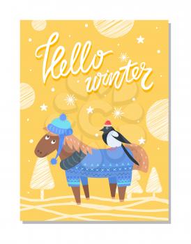 Hello winter greeting card with donkey or horse in warm sweater and bullfinch in knitted hat on background of snowflakes vector illustration poster