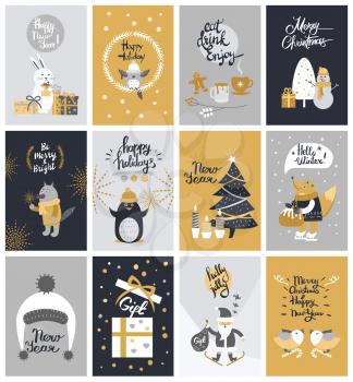 Collection of twelve colourful Christmas pictures with Santa Claus, white snowman near gift box, wolf with sparkler, fox on skates with xmas cake, rabbit with present boxes et. in cartoon style