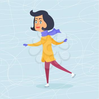 Isolated cartoon girl in warm winter clothes is skating on frozen surface. Vector illustration of female person in blue scarf and mittens, yellow coat and red trousers. Christmas entertainments.