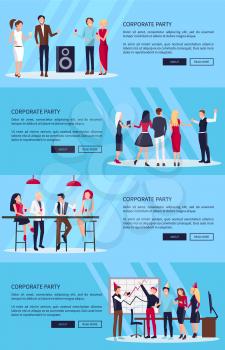 Corporate party set of four pictures, used for web-site, people dancing and drinking wine in office and club vector illustration isolated on blue