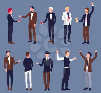 Icons of men dressed officially with glass of wine or champagne at party. Vector illustration of shapes of man isolated on dark violet