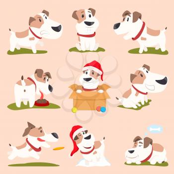 Closeup of funny poster with dogs icons set, images of puppy, showing different emotions, dressed in red hat isolated on vector illustration