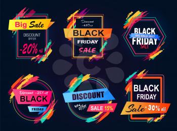 Discount -45 off, black friday, collection of emblems, badges that are made up of shapes, blurry lines, ribbons and headlines on vector illustration