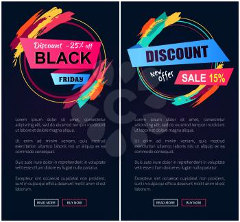 Black Friday, discount -25 off, new offer, banners collection with strokes and badges consisting of circles, ribbons and lines vector illustration