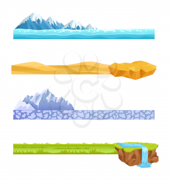 Computer mobile video game display with layers set with snowy surface and icy mountains, sand and brown clif, ground with stones and rock crag, green grass and waterfall vector illustration flat style