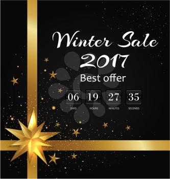 Winter sale poster with back-off timer to Christmas holidays. 2017 best offer proposition till the end of year vector with gold bow and stars on black