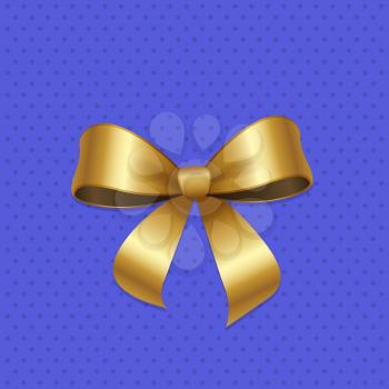 Present or gift elegant tied satin ribbon of gold in shape of bow. Gold decorative knot vector illustration isolated on blue background with dots