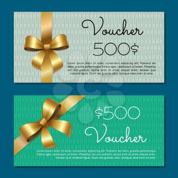 Voucher on 500 set of posters with gold ribbons and bows on abstract red and green. Gift certificates with calligraphic inscription text