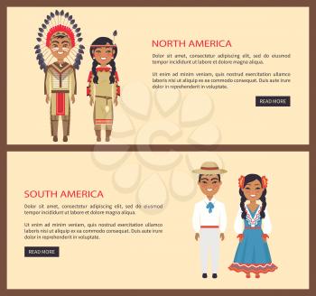 North and south america, people presented in national clothes, set of web pages design with images and text, button read more on vector illustration