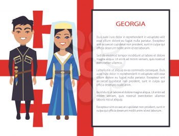 Georgia man and woman dressed in traditional costumes, smiling couple, vector international day poster ethnic people, text in frame, native georgians