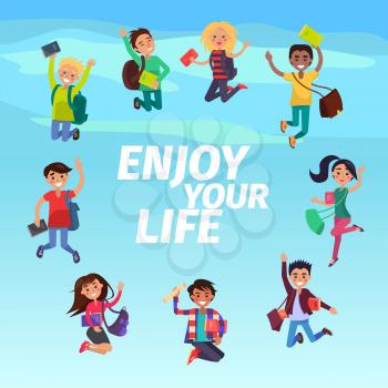 Bouncing students hovering in sky enjoy your life on blue background. Young people with backpack or school bag, textbook or interesting imaginative literature. Vector illustration cartoon style.