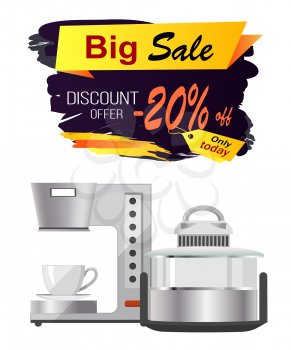 Big sale discount offer advert on white background. Vector illustration with special offer on coffee machine and other kitchen equipment