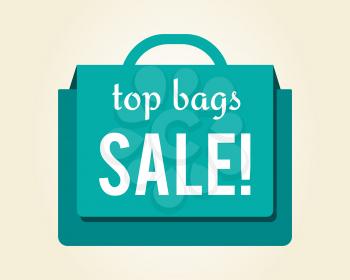Top bags sale colorful icon isolated on white background. Vector illustration with light blue shopping bag with discount promotion on top