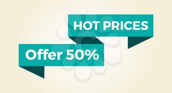 Hot prices 50 offer icon with light blue sign isolated on white background. Vector illustration with half price off sale clearance in 3D design