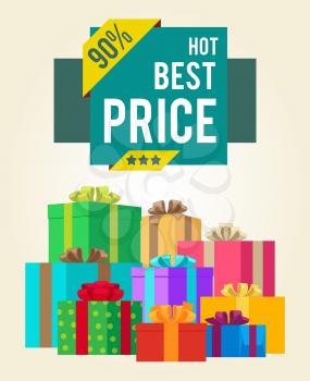 Hot best price discounts super final total 90 sale offer now sticker labels on banners with present festive gift boxes vector illustration poster