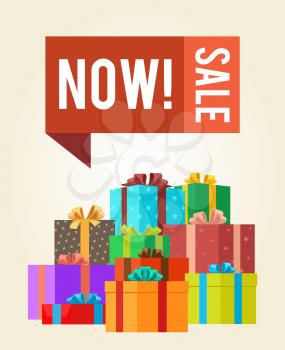 Now sale save push buttons promo label on banner gift boxes vector illustration poster with piles of presents in color wrapping paper decorated by bows