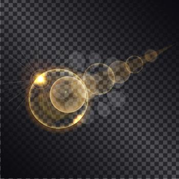 Golden light effects of circles growing round spheres isolated on black transparent background. Glowing sparkling elements, vector illustration of gold balls on transparency magically illuminated