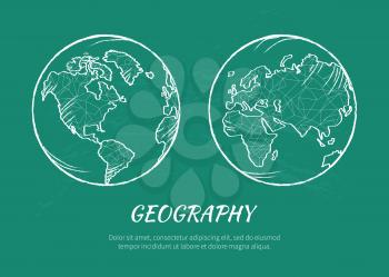 Geography poster with earth planet white model drawn from two sides. Continents on vector illustration filled with thin polygons icon isolated on green