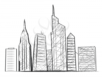Night cityscape colorless silhouette with buildings and skyscrapers. Vector illustration of town drown in black colors isolated on white background