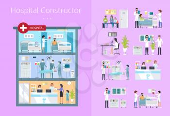 Hospital constructor set of icons with doctors, surgeons and nurses taking care after patients. Vector illustration with visualization of hospital services