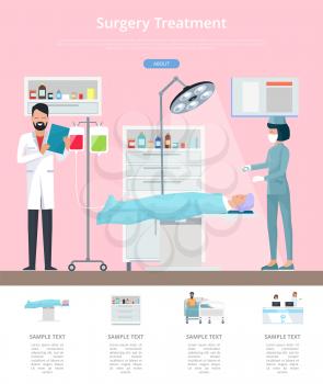 Surgery treatment service with doctor and his assistant preparing patient for operation. Vector illustration with hospital operating room on pink