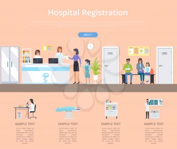 Hospital registration desk with two nurses and few patients with appointments and injuries. Vector illustration of clinic front desk on orange background