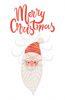 Merry Christmas greeting card with happy Santa Claus face icon isolated on white background. Vector illustration with Santa s head in round glasses