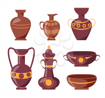 Ancient clay vases with ethnic ornaments isolated vector illustrations on white background. Polished antique vessels with patterns.