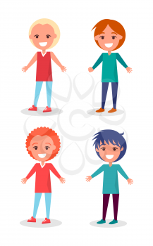 Smiling preschool boys in different clothes and hairstyles set isolated on white background vector illustrations, cute cartoon youngsters