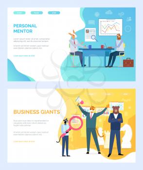 Personal mentor vector, deer giving advice to student, business giants tiger with megaphone hipster animal with magnifying glass, sloth on meeting. Website or webpage template, landing page flat style