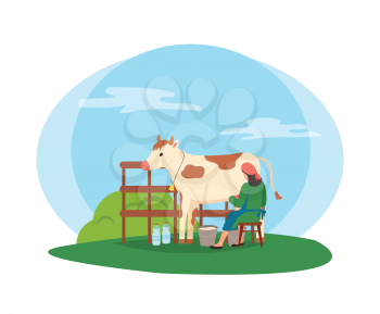 Breeding of animals and tending cows vector, milkmaid working with cattle in stable. Isolated worker with bottles sitting on stool by metal bucket