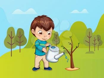 Male boy in forest vector, child caring for growing plants. Kiddo holding watering can in park, new young tree growing, leaves of botany. Grass and bushes