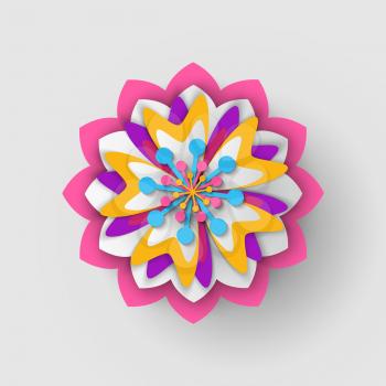 Paper cut origami of flower, colorful blossom ornament with shadow, 3d view of floral symbol, greeting or poster decorated by bouquet, festive vector