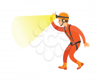 Man wearing helmet with light, male in orange suit with insurance, side and full length view of person, element of extreme or dangerous activity vector