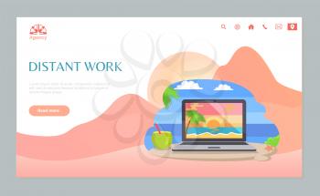 Distant work webpage decorated by opening laptop with sunset image, cocktail and palm tree, wireless device and starfish on sand, summertime vector. Website template, landing page flat style