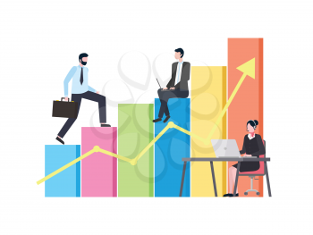 Person walking up infographics vector, man carrying briefcase and employees working on leader. Secretary sitting by table typing on laptop and coder