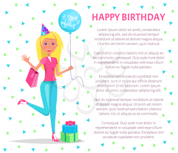 Happy birthday poster, blonde woman do shopping for birthday party. Girl with bag and balloon, gift boxes, in festive cap. Female ready to wish happy anniversary vector