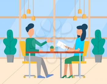 People discussion work in office, business workplace. Man and woman colleagues talking at table, employees teamwork with documents, cooperation vector. Modern office with big windows