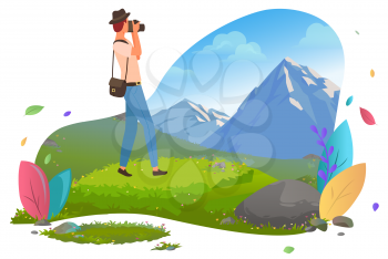 Male traveler in hat taking photo of mountain view. Man holding camera. Young guy hiking. Capture beautiful landscape. Recreation vector illustration. Mountain tourism. Flat cartoon