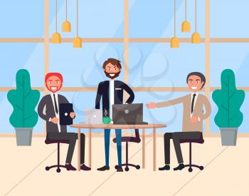 Group of three businessmen discussing strategy and setting corporate goals. Office meeting and collaboration between male colleagues, teamwork vector. Modern office with big windows
