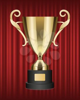 Glossy golden trophy cup. Shiny metallic goblet on black stand with nameplate. Championship trophy, first place award. Sports competition prize illustration. Red curtain theater background